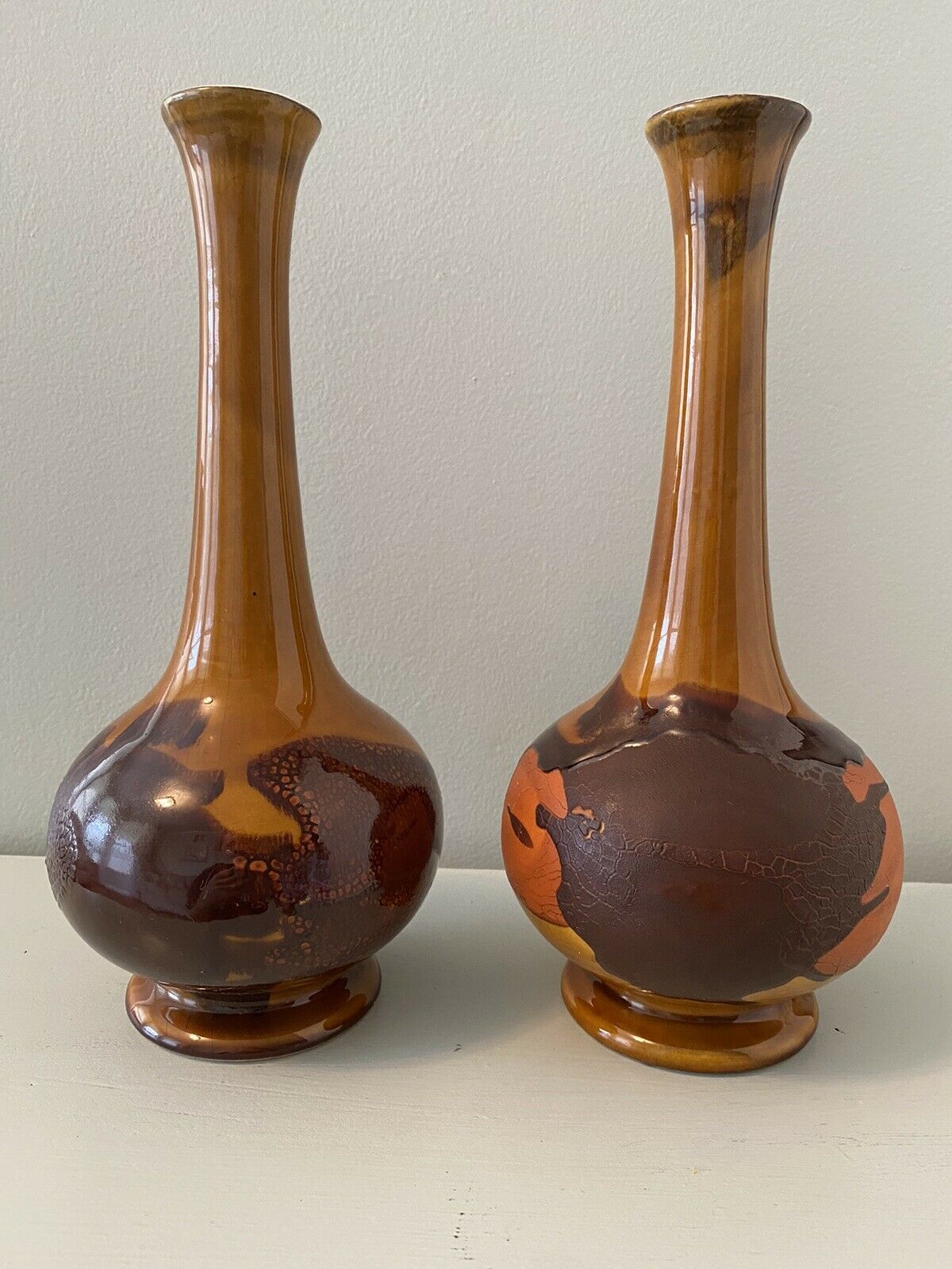 Pair Of Royal Haeger Pottery Earth Wrap 10" Bud Vases Gold Brown Orange