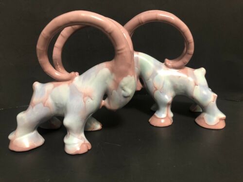 Vtg Pair Haeger Hickman Blue Pink Ram Figurines Bookends Century 1950’s Pottery