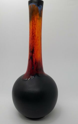 Vintage Royal Haeger Usa 10 1/4" Vase - Black With Orange & Red - Orange Glaze